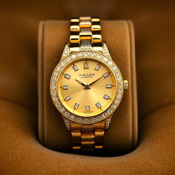 A luxurious gold watch adorned with sparkling diamonds, featuring a classic round face and intricate details