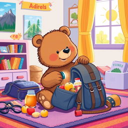 An illustration of Benny the little bear, with soft brown fur and an eager expression, in the process of packing his backpack