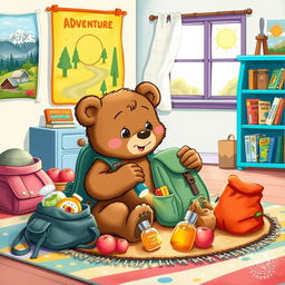 An illustration of Benny the little bear, with soft brown fur and an eager expression, in the process of packing his backpack