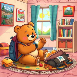 An illustration of Benny the little bear, with soft brown fur and an eager expression, in the process of packing his backpack