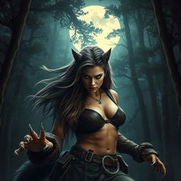 A dramatic scene featuring a fierce female werewolf in a dense, moonlit forest