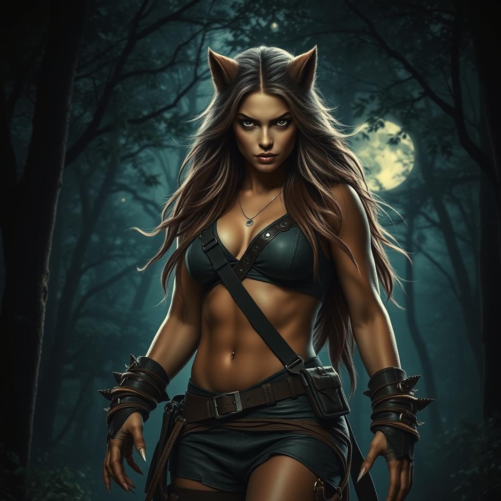 A dramatic scene featuring a fierce female werewolf in a dense, moonlit forest