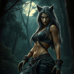 A dramatic scene featuring a fierce female werewolf in a dense, moonlit forest