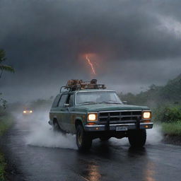 Transition the scene to show Dennis Nedry, driving his Jurassic Park vehicle through the storm and darkness, navigating Isla Nublar's drenched landscape towards the distant harbor, his journey filled with tension and uncertainty.