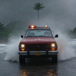 Transition the scene to show Dennis Nedry, driving his Jurassic Park vehicle through the storm and darkness, navigating Isla Nublar's drenched landscape towards the distant harbor, his journey filled with tension and uncertainty.