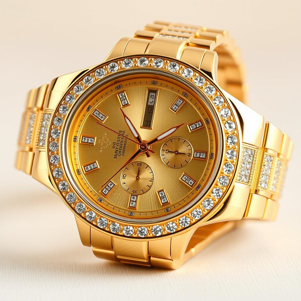 A stunning 360-degree view of a luxurious gold watch adorned with sparkling diamonds