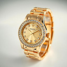 A stunning 360-degree view of a luxurious gold watch adorned with sparkling diamonds