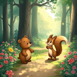 An illustration depicting a heartwarming scene where Benny the little bear meets a friendly squirrel named Sammy on a pathway through a lush green forest