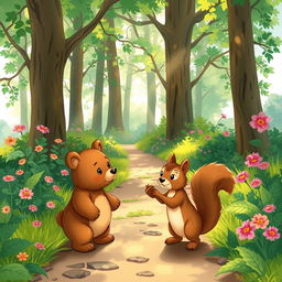 An illustration depicting a heartwarming scene where Benny the little bear meets a friendly squirrel named Sammy on a pathway through a lush green forest