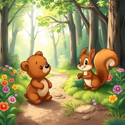 An illustration depicting a heartwarming scene where Benny the little bear meets a friendly squirrel named Sammy on a pathway through a lush green forest