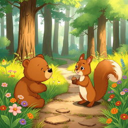 An illustration depicting a heartwarming scene where Benny the little bear meets a friendly squirrel named Sammy on a pathway through a lush green forest