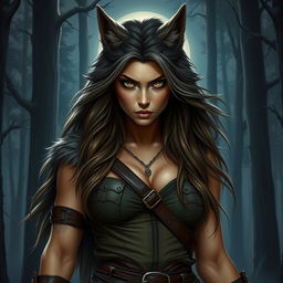 A striking portrait of a fierce female werewolf, captured in a realism style