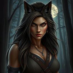 A striking portrait of a fierce female werewolf, captured in a realism style