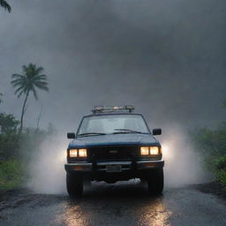 Transition the scene to show Dennis Nedry, driving his Jurassic Park vehicle through the storm and darkness, navigating Isla Nublar's drenched landscape towards the distant harbor, his journey filled with tension and uncertainty.