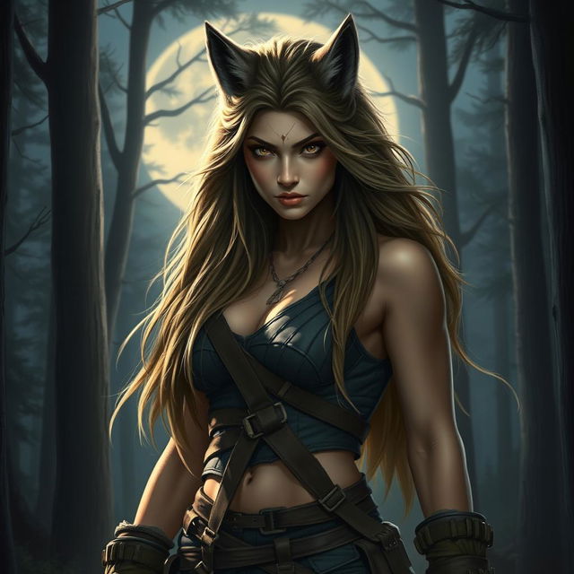 A striking portrait of a fierce female werewolf, captured in a realism style