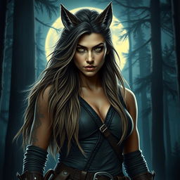 A striking portrait of a fierce female werewolf, captured in a realism style