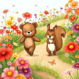 An illustration depicting a delightful scene of Benny the little bear and his friend Sammy the squirrel walking together on a winding path