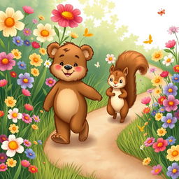 An illustration depicting a delightful scene of Benny the little bear and his friend Sammy the squirrel walking together on a winding path