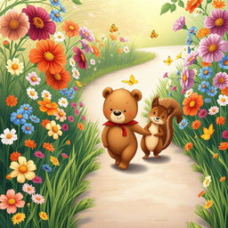 An illustration depicting a delightful scene of Benny the little bear and his friend Sammy the squirrel walking together on a winding path