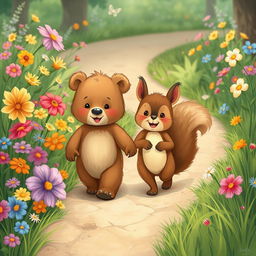 An illustration depicting a delightful scene of Benny the little bear and his friend Sammy the squirrel walking together on a winding path