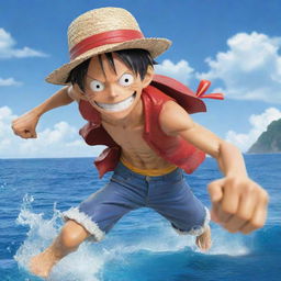 Anime character, Monkey D. Luffy from One Piece, smiling with his signature straw hat and displaying his rubber powers in a dynamic pose. Background features the grand line, the treacherous and vibrant ocean world of One Piece.