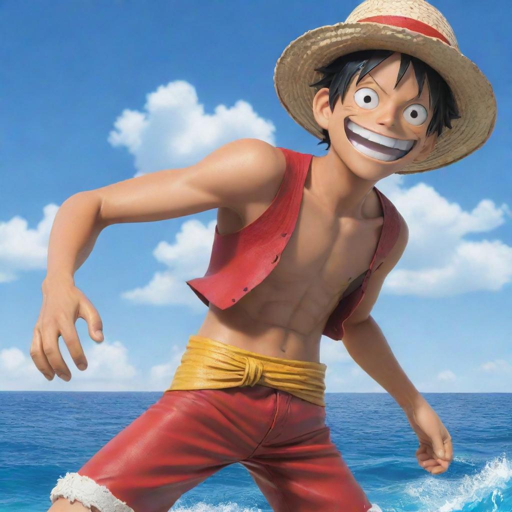 Anime character, Monkey D. Luffy from One Piece, smiling with his signature straw hat and displaying his rubber powers in a dynamic pose. Background features the grand line, the treacherous and vibrant ocean world of One Piece.