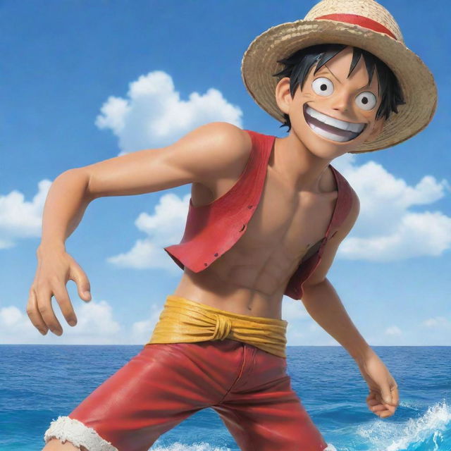 Anime character, Monkey D. Luffy from One Piece, smiling with his signature straw hat and displaying his rubber powers in a dynamic pose. Background features the grand line, the treacherous and vibrant ocean world of One Piece.