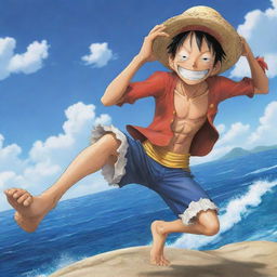 Anime character, Monkey D. Luffy from One Piece, smiling with his signature straw hat and displaying his rubber powers in a dynamic pose. Background features the grand line, the treacherous and vibrant ocean world of One Piece.