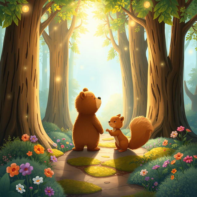 An enchanting illustration capturing the moment Benny the little bear and his friend Sammy the squirrel enter the magical Enchanted Forest