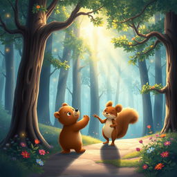 An enchanting illustration capturing the moment Benny the little bear and his friend Sammy the squirrel enter the magical Enchanted Forest