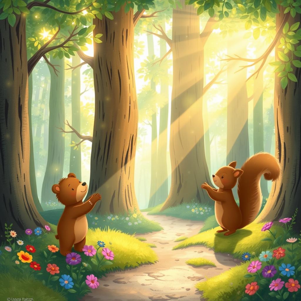 An enchanting illustration capturing the moment Benny the little bear and his friend Sammy the squirrel enter the magical Enchanted Forest