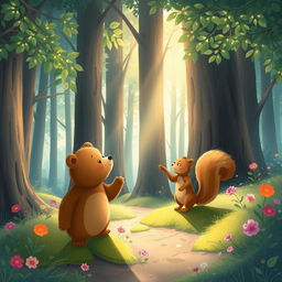 An enchanting illustration capturing the moment Benny the little bear and his friend Sammy the squirrel enter the magical Enchanted Forest