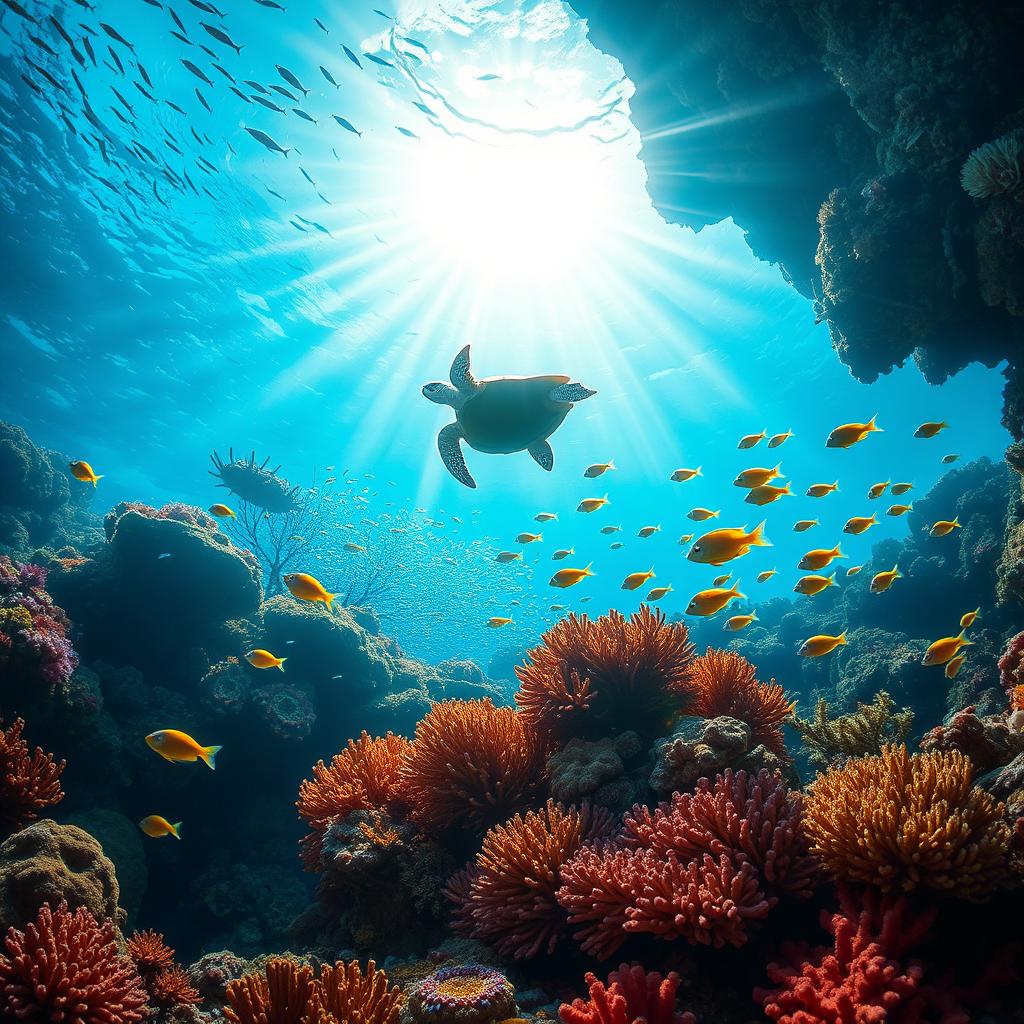 A serene underwater scene depicting the vibrant marine life of a coral reef