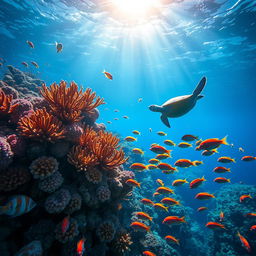 A serene underwater scene depicting the vibrant marine life of a coral reef