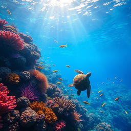 A serene underwater scene depicting the vibrant marine life of a coral reef