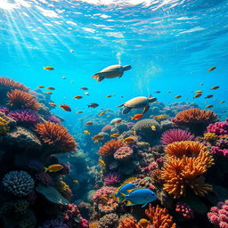 A serene underwater scene depicting the vibrant marine life of a coral reef