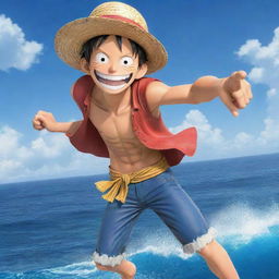 Anime character, Monkey D. Luffy from One Piece, smiling with his signature straw hat and displaying his rubber powers in a dynamic pose. Background features the grand line, the treacherous and vibrant ocean world of One Piece.