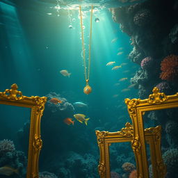 A captivating underwater scene illustrating a delicate golden necklace sinking into the depths, glistening in the soft light that penetrates the water's surface