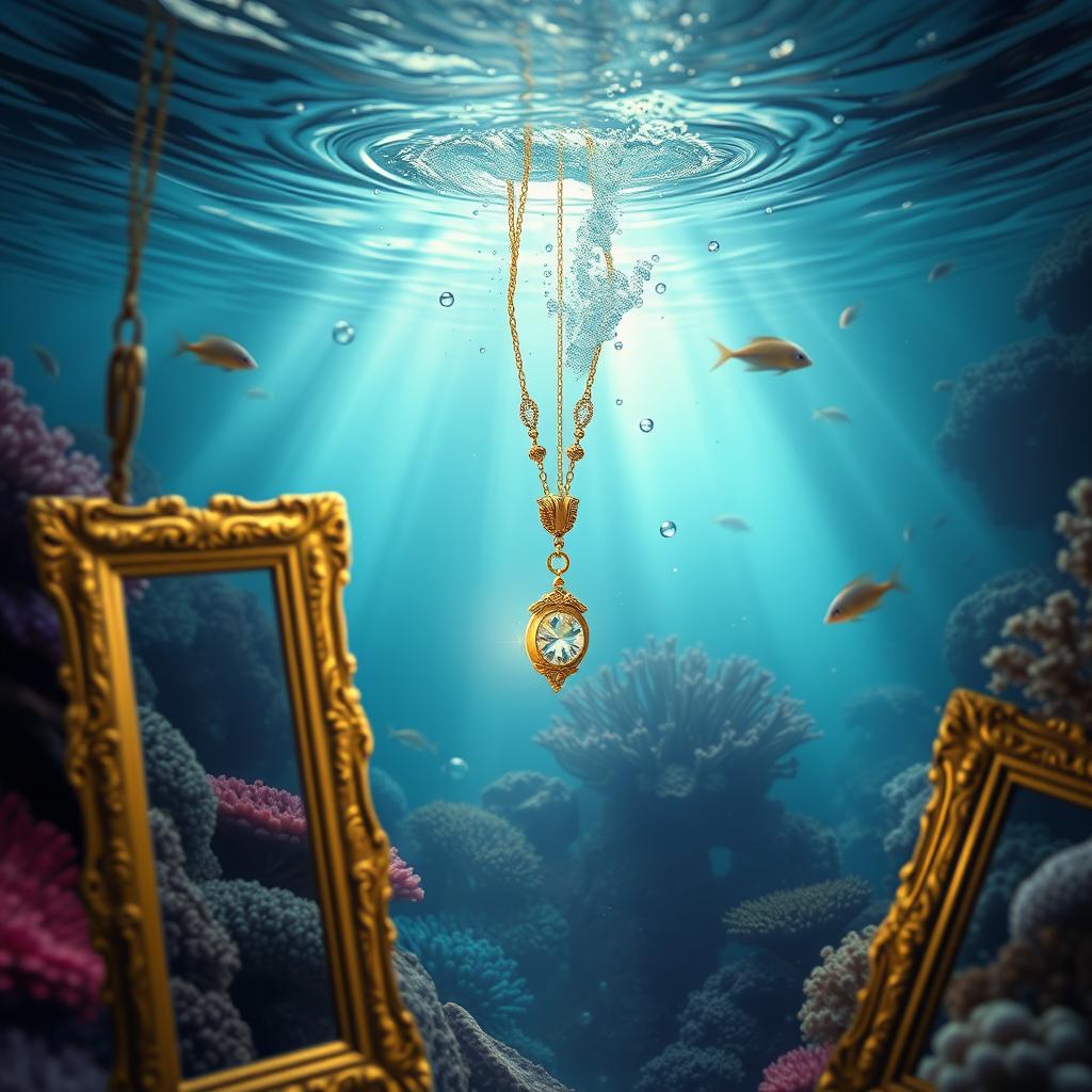 A captivating underwater scene illustrating a delicate golden necklace sinking into the depths, glistening in the soft light that penetrates the water's surface