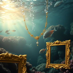 A captivating underwater scene illustrating a delicate golden necklace sinking into the depths, glistening in the soft light that penetrates the water's surface