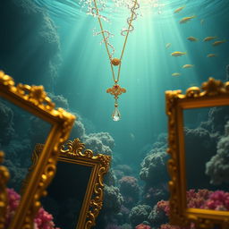 A captivating underwater scene illustrating a delicate golden necklace sinking into the depths, glistening in the soft light that penetrates the water's surface