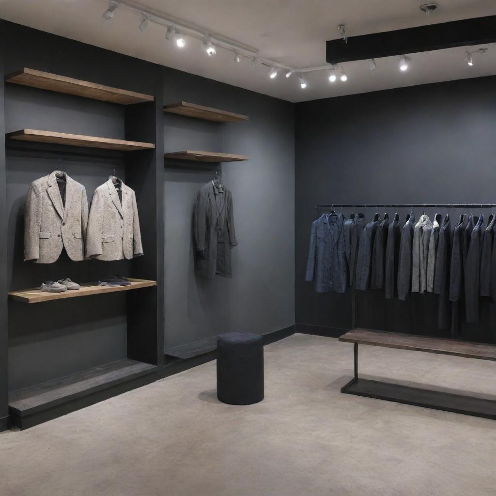 Showcase a diverse line of clothing, including casual wear, formal attire, and streetwear. Display a mix of styles, colors, and fabrics for both men and women in a modern, edgy and elegant storefront.