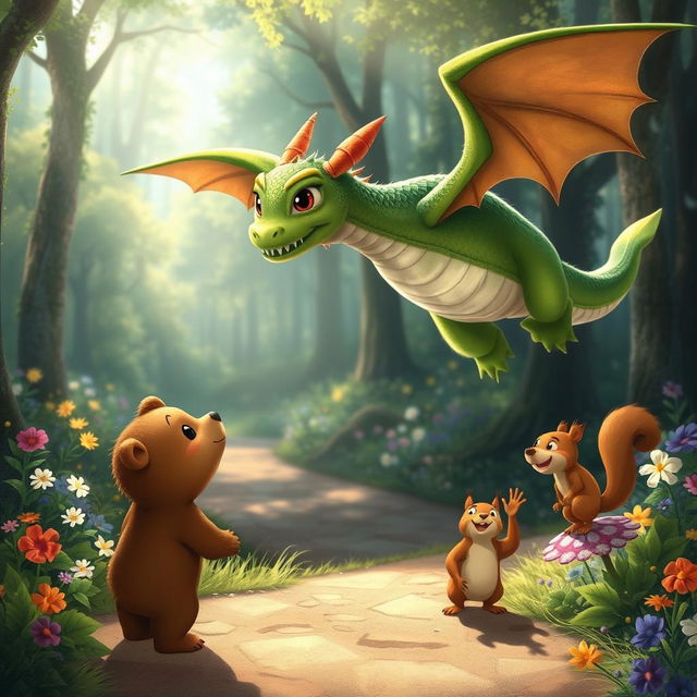 An illustration capturing the enchanting moment when a friendly dragon named Sparky swoops down to greet Benny the little bear and his friend Sammy the squirrel