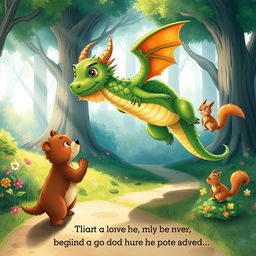 An illustration capturing the enchanting moment when a friendly dragon named Sparky swoops down to greet Benny the little bear and his friend Sammy the squirrel