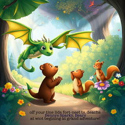 An illustration capturing the enchanting moment when a friendly dragon named Sparky swoops down to greet Benny the little bear and his friend Sammy the squirrel