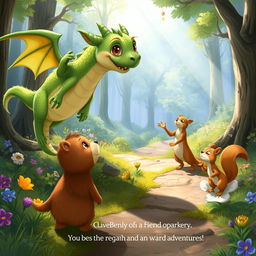 An illustration capturing the enchanting moment when a friendly dragon named Sparky swoops down to greet Benny the little bear and his friend Sammy the squirrel