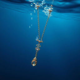 A hauntingly beautiful underwater scene featuring a delicate necklace that appears to be drowning in the depths