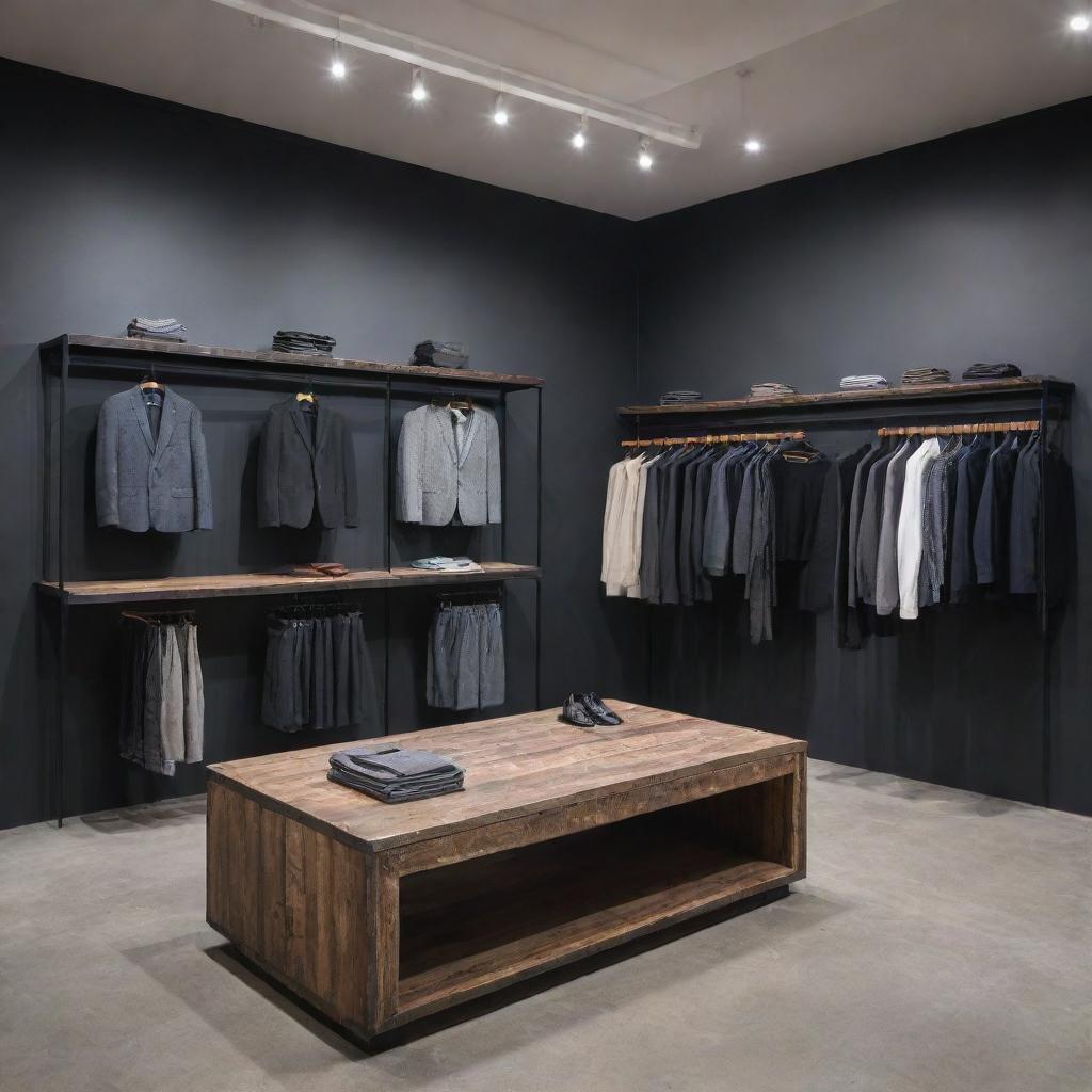 Showcase a diverse line of clothing, including casual wear, formal attire, and streetwear. Display a mix of styles, colors, and fabrics for both men and women in a modern, edgy and elegant storefront.