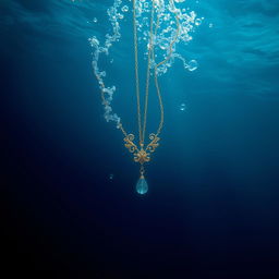 A hauntingly beautiful underwater scene featuring a delicate necklace that appears to be drowning in the depths