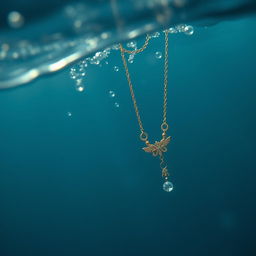 A hauntingly beautiful underwater scene featuring a delicate necklace that appears to be drowning in the depths